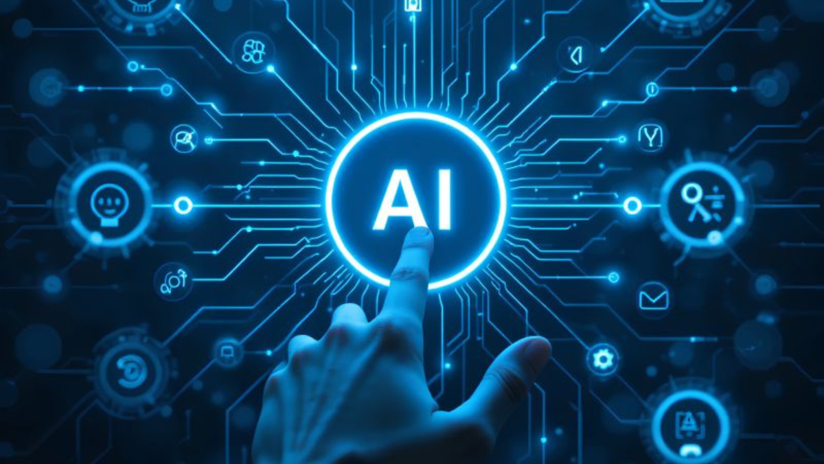 Hand activating glowing AI interface with connected digital icons