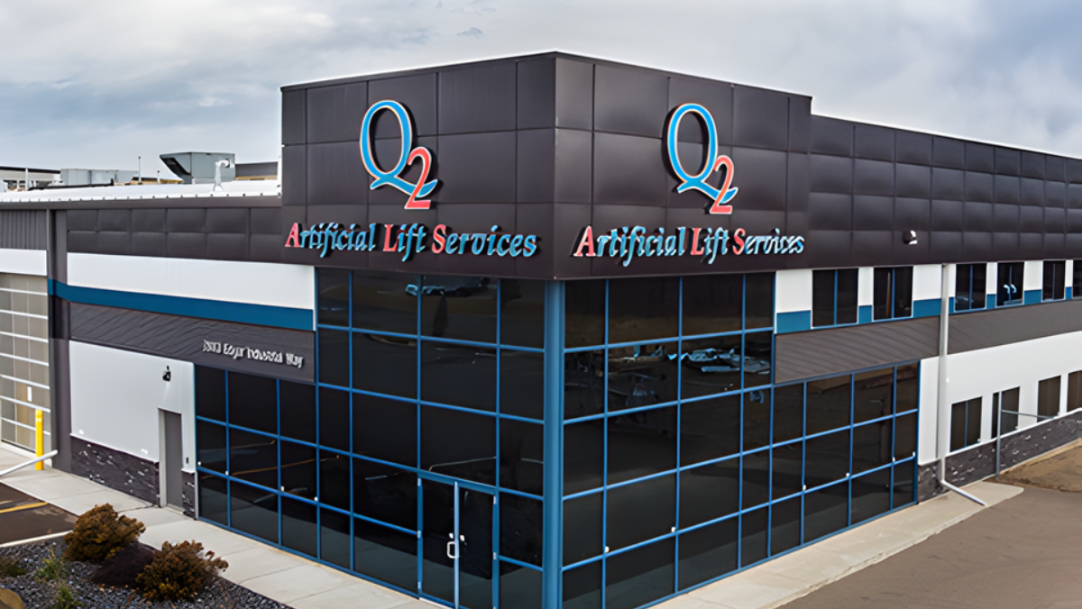 Exterior of Q2 Artificial Lift Services building with modern glass facade