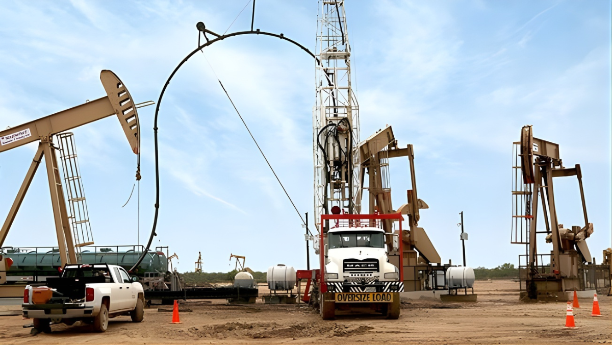 Oilfield equipment and pump jacks operating beside drilling truck in Permian