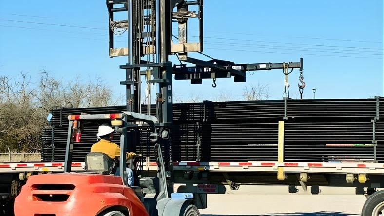 Forklift loading stacked steel pipes onto flatbed truck at industrial site