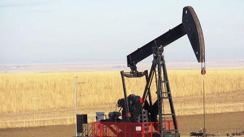 Onshore oil pumpjack operating in mature field under clear sky